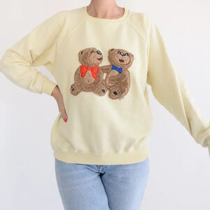 Tsk..Tsk Butter Yellow Pastel  with 2 Fuzzy Bears Crewneck Sweater